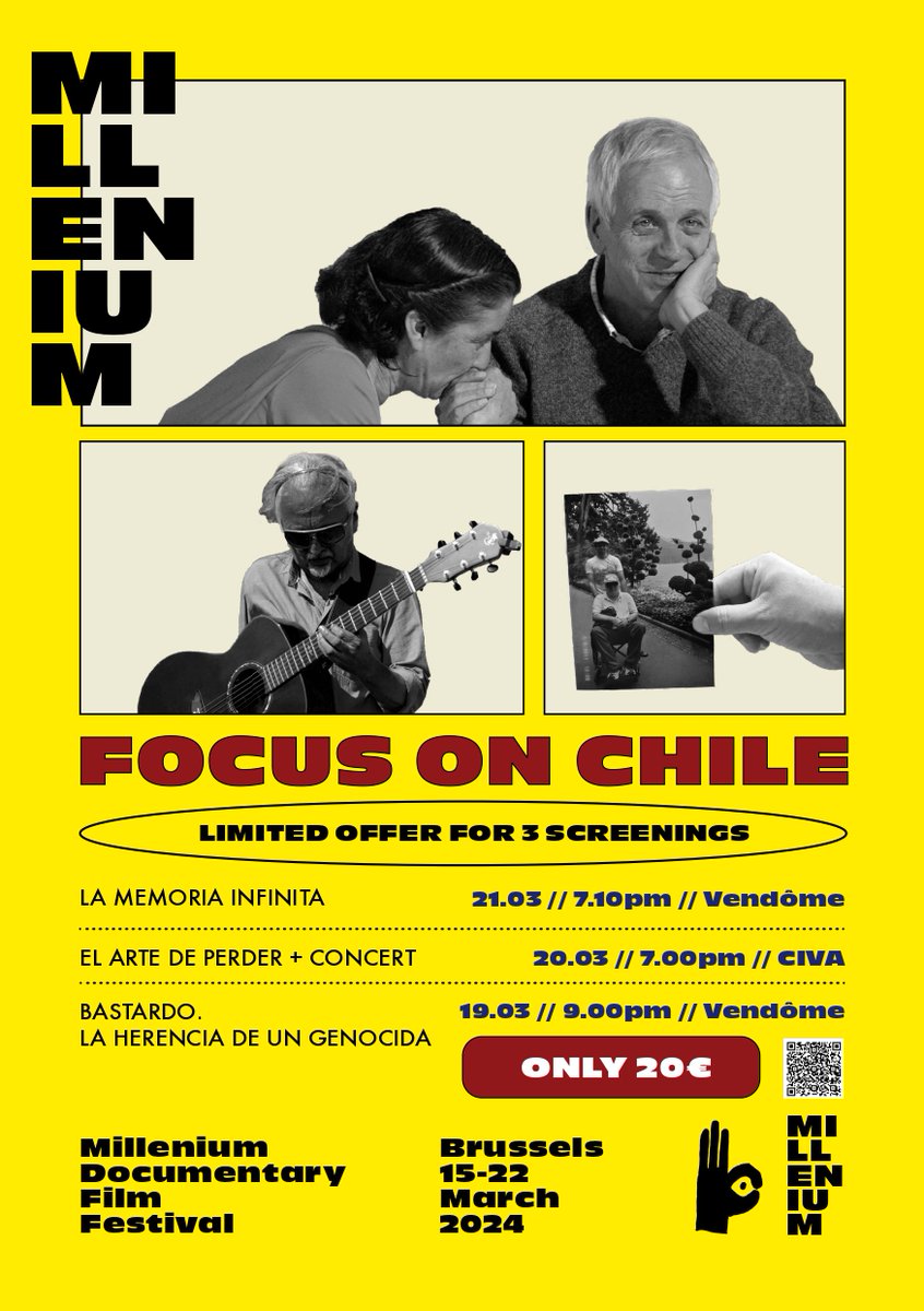 EmbChileBelgica's tweet image. Entre el 15 y el 22 de marzo tendrá lugar en Bruselas el Festival de Documentales @MilleniumFest, que este año tendrá un foco especial en Chile, con las películas "La Memoria Infinita", "El Arte de Perder" y "Bastardo. La herencia de un genocida".

👉festivalmillenium.org
