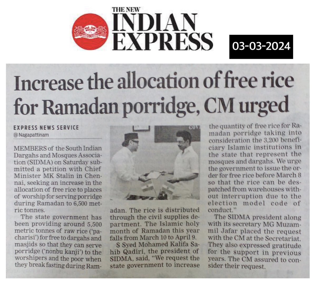kalifa_sahib's tweet photo. Request to increase the allocation of free rice for Ramadan Porridge @CMOTamilnadu @Collector_NGT @aloor_ShaNavas @Udhaystalin @mkstalin #SIDMA #kalifasahib #DMKITWING https://t.co/5eu6jL1wWq