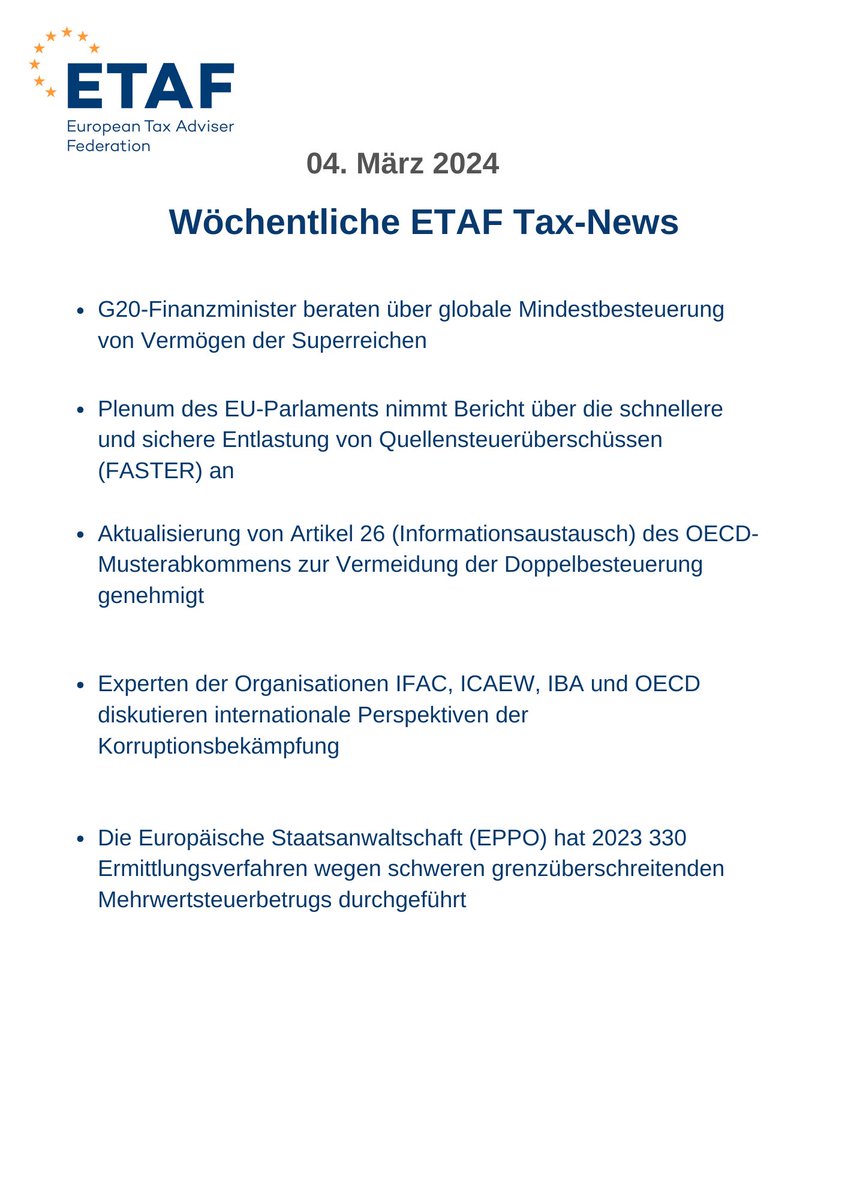 Montagnachmittag: Pünktlich zum Wochenstart erscheinen die neuen <a href="/ETAFtax/">ETAF</a> Tax-News 🗞️. Mit aktuellen #EU News für den Berufsstand. Die englische Fassung finden Sie im ersten Kommentar 💭. Lesen Sie mehr ⬇️⬇️
#TaxTwitter #tax