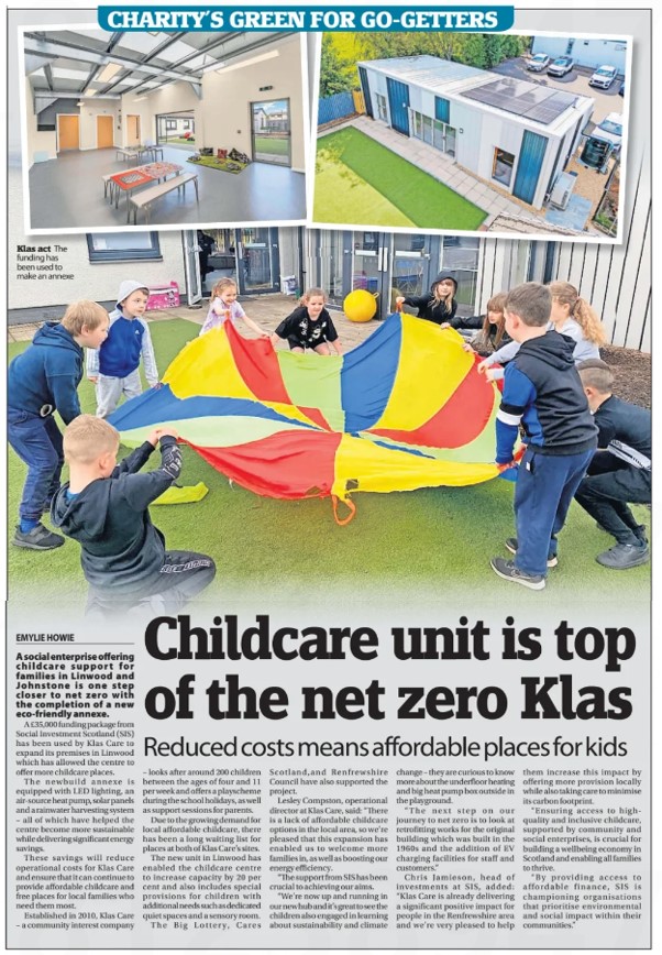 Helping build happy childhoods one step at a time! We're thrilled to have supported @klascarecic in creating a childcare space with an eco-friendly twist! Featured in the Paisley Daily Express today! ➡️bit.ly/3uCSDHn #Renfrewshire #ImpactInvesting #NetZero