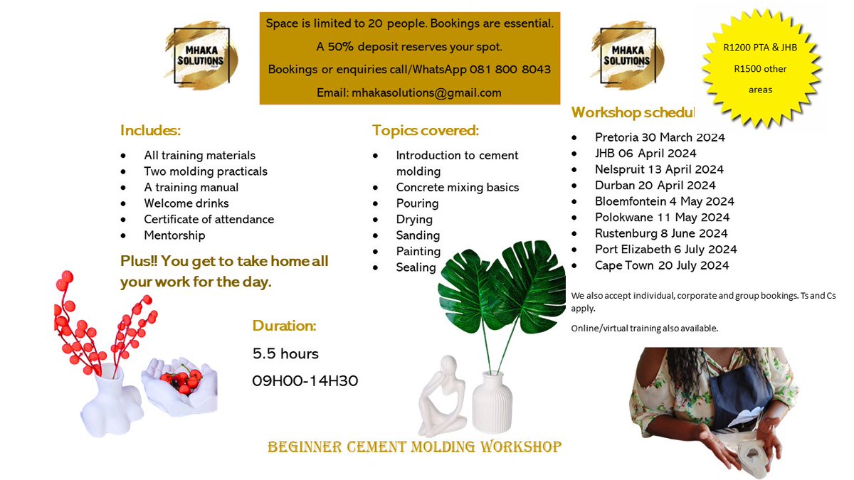 VeeDambuza's tweet photo. Cement molding workshop schedule
#Pretoria 30 March 2024
#JHB 06 April 2024
#Nelspruit 13 April 2024
#Durban 20 April 2024
#Bloemfontein 04 May 2024
#Polokwane 11 May 2024
#Rustenburg 8 June 2024
#PortElizabeth 06 July 2024
#Capetown 20 July 2024
Let us teach you how 081 800 8043 https://t.co/INfUGiThqh