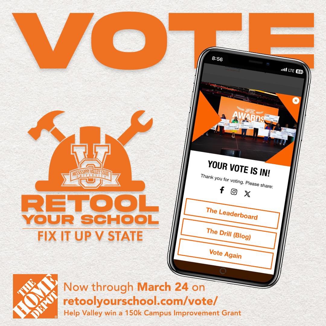 The Retool Your School Competition is still going on! Continue voting for MVSU in Cluster 2 and help Valley win $150K!💚🤍 🔗: retoolyourschool.com/vote #HBCU #MVSU #MVSU1950 #FixIttUpVState