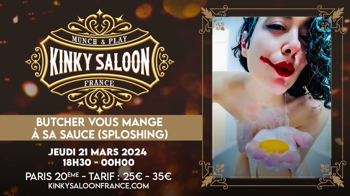 Pour la toute première fois, j'anime une play party à Paris. Je vous mangerai à ma sauce le 21 mars au @KinkySaloonFR. Osez nous rejoindre pour une soirée humide, glissante et visqueuse ! Pour réserver votre place, c'est par ici : kinkysaloonfrance.com/contactez-nous/