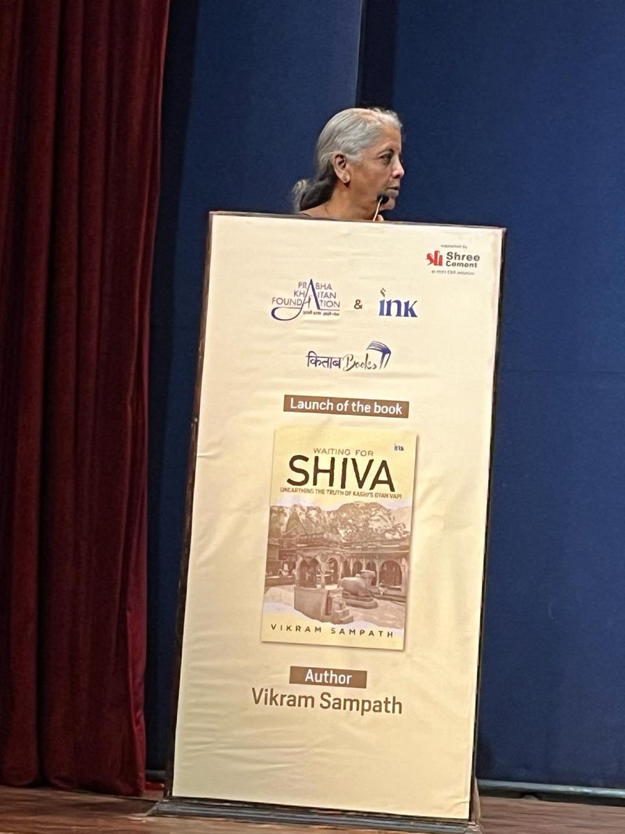 Delighted to have Hon'ble Finance Minister Smt. Nirmala Sitharaman as the chief guest at our book launch event ‘Kitaab’ for Dr. Vikram Sampath's latest masterpiece ‘ Waiting for Shiva: Unearthing the Truth of Kashi’s Gyan Vapi’ @shreecementltd @nsitharaman @vikramsampath…