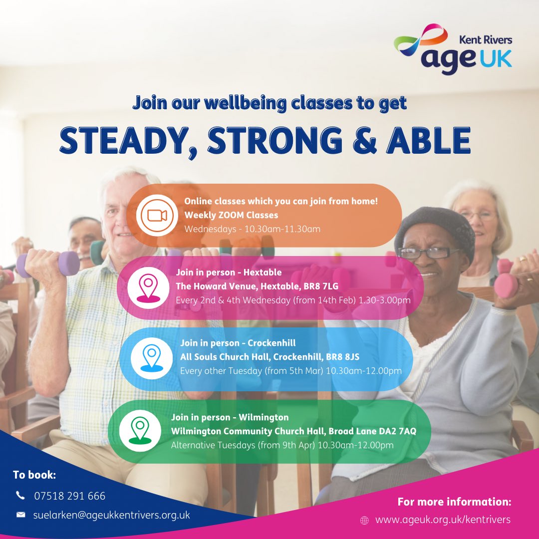 Age UK Kent Rivers (@ageukkentrivers) on Twitter photo We welcome you to come along and meet some friendly faces whilst improving your balance, strength and mobility! 🙆♀️💪
To book, or for more information:
📞 07518 291666
📧 suelarken@ageukkentrivers.org.uk
#wellbeingclasses #onlineclasses #getstrong #stayable #ageukkentrivers We welcome you to come along and meet some friendly faces whilst improving your balance, strength and mobility! 🙆♀️💪
To book, or for more information:
📞 07518 291666
📧 suelarken@ageukkentrivers.org.uk
#wellbeingclasses #onlineclasses #getstrong #stayable #ageukkentrivers
