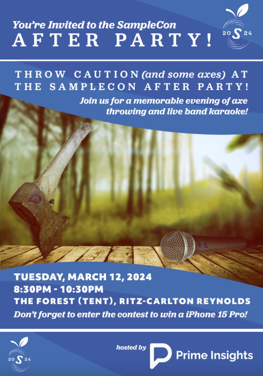 Throw caution (and some axes) and the #samplecon 2024 After Party hosted by Prime Insights. Always wanted to sing with a band? Back by popular demand we will also have live band karaoke! #newmr #mrx #restech #marketresearch  mailchi.mp/samplecon/24ap