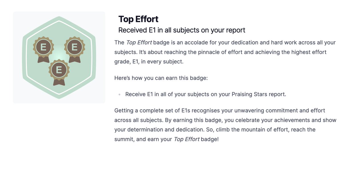 If you received all E1s in your Praising Stars, you could receive a Top Effort #OutwoodHonours badge through the Outwood Portal! #BeExtraordinary #TeamHindley #ItsWhoiAm