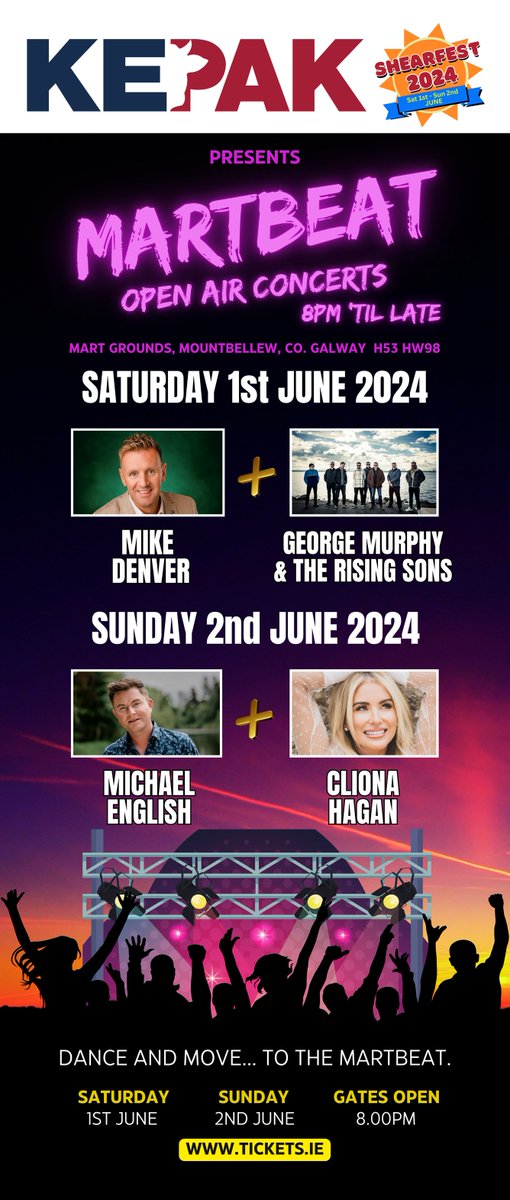 🚨 𝗢𝗡 𝗦𝗔𝗟𝗘 𝗡𝗢𝗪 🚨 MARTBEAT will host 2 open air concerts at Mart Grounds, Mountbellew, Co. Galway! Sat 1st June: @MikedenverMike + @GeorgeMurphy161 & The Rising Sons. Sun 2nd June: @menglishmusic + @ClionaHagan 🎟️ 👉 bit.ly/MARTBEAT @KepakGroup #shearfest