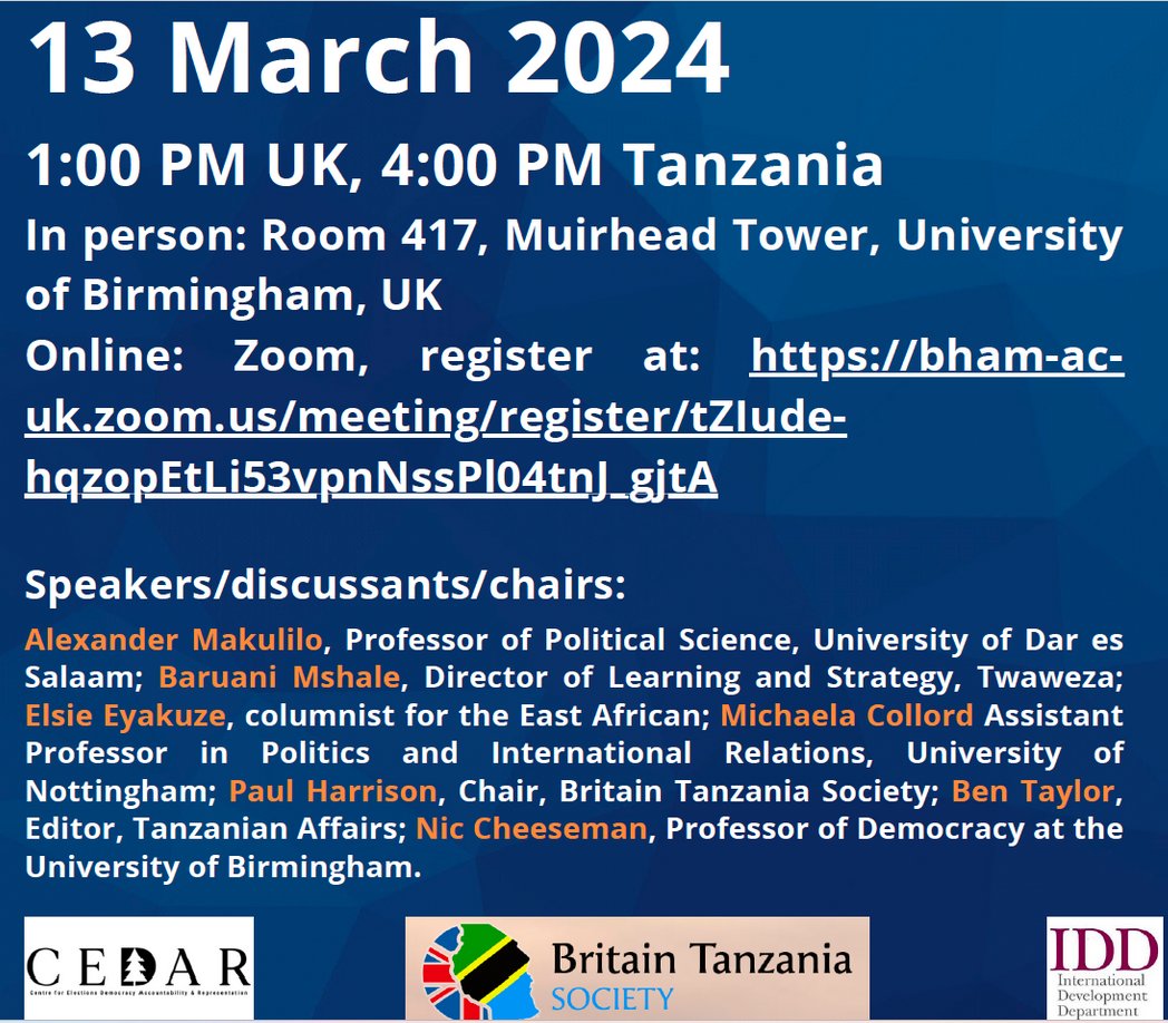 Really looking forward to this @BritTanSoc and @AfricaDemocracy discussion on Tz and its constitution next week, with @MCollord @MikocheniReport @Fromagehomme @mtega @BMshale Prof Makulilo and @ProtectWild. March 13th, 1pm UK / 4pm Tz. Register here: bham-ac-uk.zoom.us/webinar/regist…