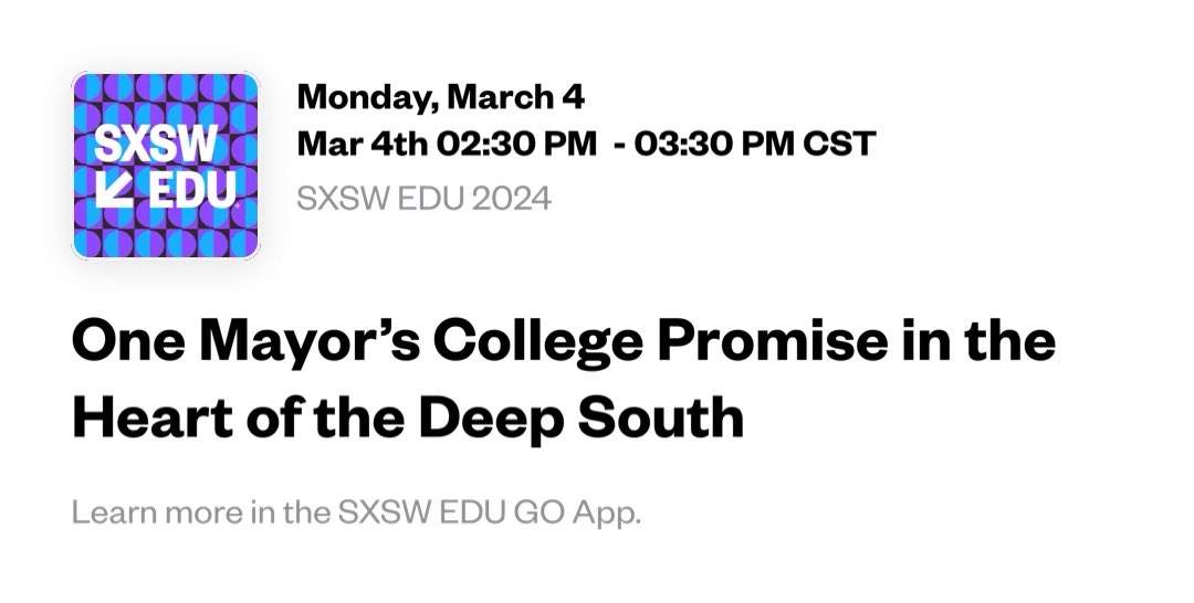 Looking forward to hearing <a href="/Trish_Crain/">Trisha Powell Crain</a> <a href="/aledlab/">The Alabama Education Lab</a> and Birmingham AL Mayor <a href="/randallwoodfin/">Randall Woodfin</a> talk about the <a href="/BhamPromise/">BirminghamPromise</a> program and the city’s free internship and college access program. #SXSWEDU 

Come see us at 2:30pm in 18A! schedule.sxswedu.com/2024/events/PP…