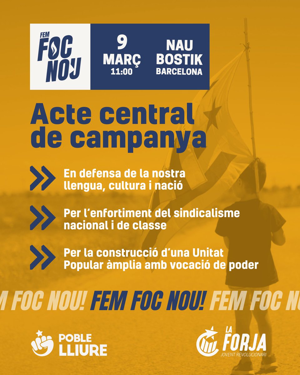 🔥 𝗔𝗖𝗧𝗘 𝗖𝗘𝗡𝗧𝗥𝗔𝗟 >> 𝗙𝗘𝗠 𝗙𝗢𝗖 𝗡𝗢𝗨 🔥

📢 Contra la paràlisi i la frustració, mantenim encesa la flama de la revolució independentista!

🗓 Dissabte 9 de març a les 11:00 a la Nau Bostik (C/Ferran Turné, 1-11, Barcelona).

#FemFocNou #EnfortimNos🔥