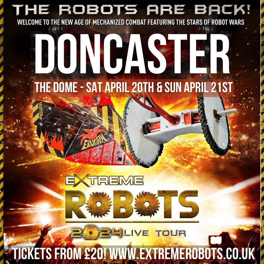 🚀🤖 Exciting news! Join us for the debut of Extreme Robots at @doncasterdome on April 20th & 21st! 🎉 🎟️ Hurry, PLATINUM TICKETS SOLD OUT! 🚨 🎫 LIMITED VIP! 🙌 Standard seating options still available Get your tickets now at extremerobots.co.uk/tickets and experience the thrill!