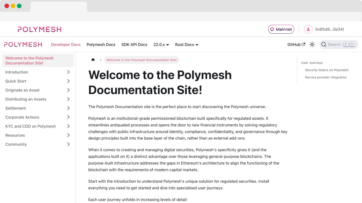 PolymeshNetwork's tweet image. Discover the open source Polymesh universe with the Polymesh developer portal 👨🏾‍💻👩🏻‍💻

We&apos;ll show you how to install everything you need to get started with specialised user journeys

⏩ developers.polymesh.network ⏪

#BlockchainDevelopers #DeveloperEcosystem