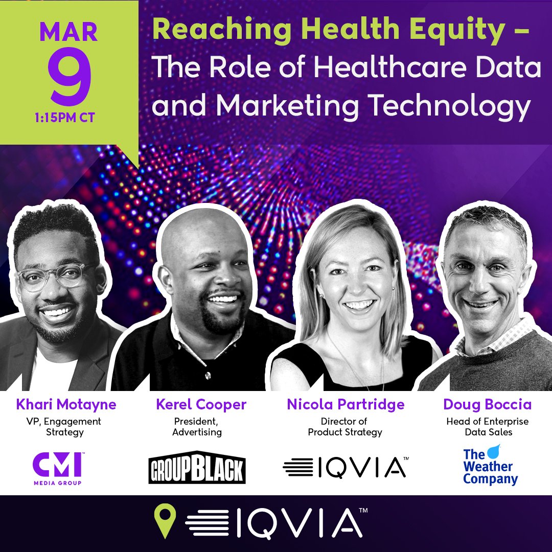 Khari Motayne, our VP of Engagement Strategy, will be joining Kerel Cooper of @GroupBlack_Co; Nicola Partridge of @IQVIA_global, and Doug Boccia of The Weather Company on the IQVIA stage at #SXSW2024 to discuss health equity. RSVP here today: events.iqvia.com/event/9ab52b61…