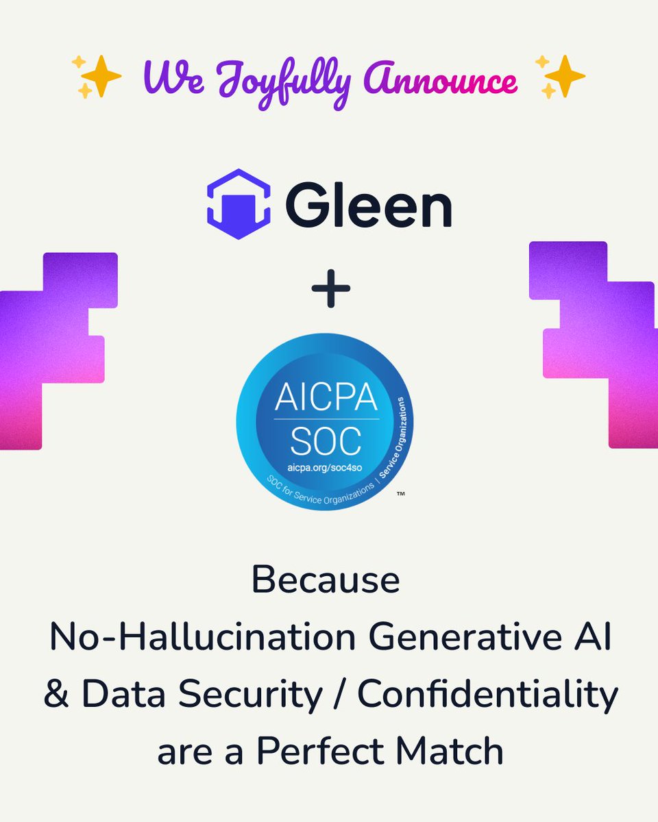 dubeyism's tweet image. More big news: @gleenai is now SOC 2 Type 2 compliant! 🎉 Our prospects &amp;amp; customers can now be even more confident that Gleen AI is providing highly accurate answers and keeping their data secure &amp;amp; confidential. Link in the comments below. #generativeAI #SOC2Type2