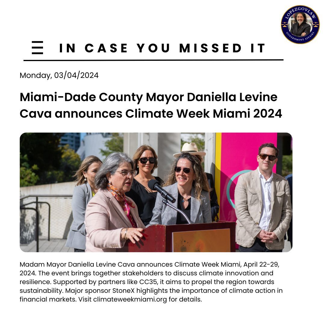 🌎 Exciting news! Madam Mayor Daniella Levine Cava unveils Climate Week Miami, April 22-29, 2024! Get ready for a week of climate innovation and resilience. Building a sustainable future one step at a time! 💡 #ClimateWeekMiami #Sustainability #MiamiDade #MadamMayorCava