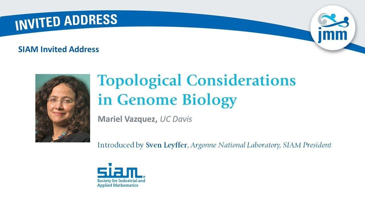 Today's #JMM2024 Video: Mariel Vázquez, University of California, Davis, gives the SIAM Invited Address. The lecture is entitled 'Topological Considerations in Genome Biology' @TheSIAMNews #mathbio Video: buff.ly/48ExzxR