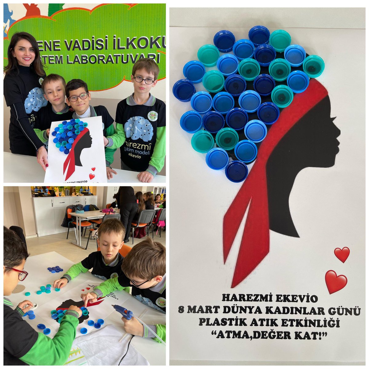 harezmiekev's tweet photo. Harezmi ekibi bu hafta 8 Mart Dünya Kadınlar Günü’ne özel plastik kapaklardan tablo tamamlama etkinliği yaptılar.
“Atma,Değer Kat!”
@EmlakErgene @CorluMem 
@harezmimodeli https://t.co/4bPIClUReF