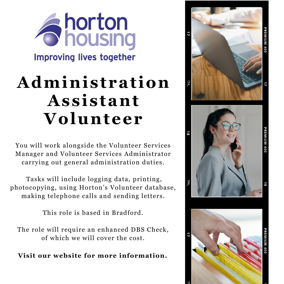 New #volunteering opportunity! #Administration Assistant #Volunteer You will work with our Volunteer Services team based in #Bradford assisting with various administrative tasks. For more information and to apply, visit the link below. hortonhousing.co.uk/volunteer/