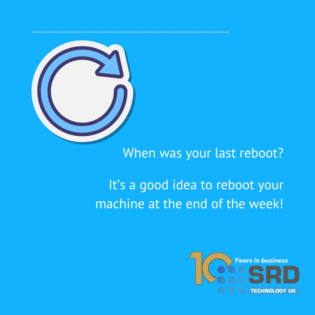 When was your last reboot? It's a good idea to reboot your machine at the end of the week! Don't just shut the lid!

#srd #technologyuk #reboot #devicereboot #device #techforbusiness