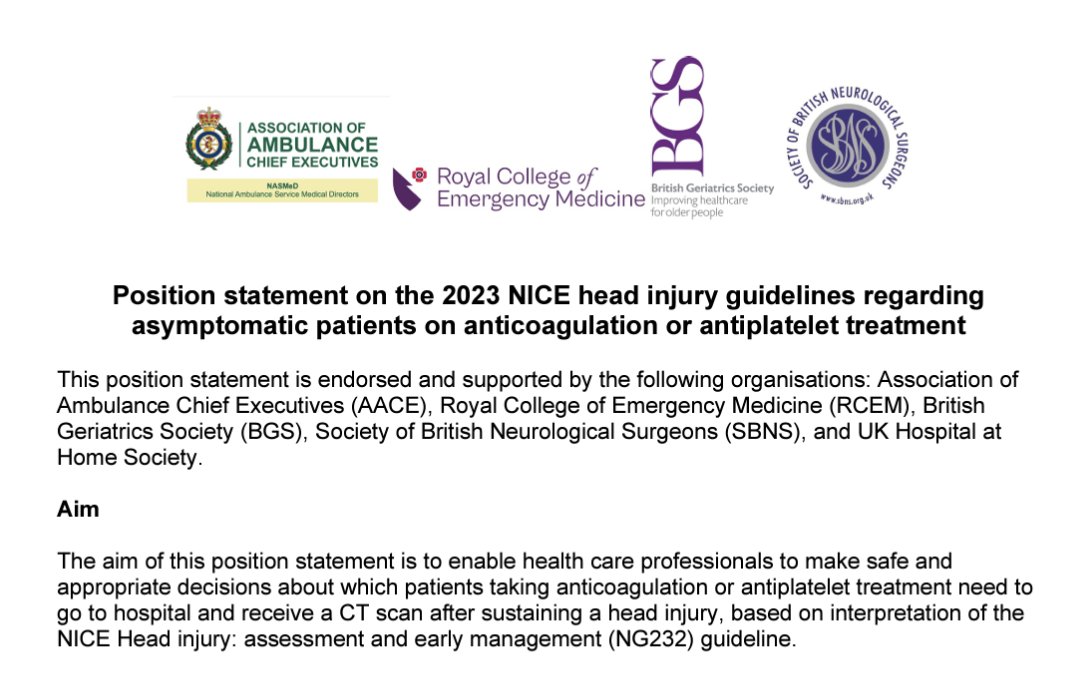 📢New BGS Joint Position Statement📢 Important information enabling safe decisions about which patients taking anticoagulation or antiplatelet treatment need to go to hospital and receive a CT scan after sustaining a head injury via @NICEComms guidelines rcem.ac.uk/wp-content/upl…