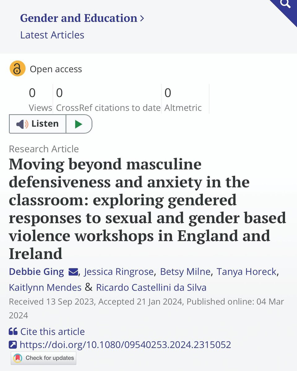 Professor Debbie Ging (@debbieging) on Twitter photo Great to see this paper published in <a href="/gaejournal/">Gender and Education</a>! Based on school workshops we delivered during Covid-19 in Ireland and the UK with <a href="/JessicaRingrose/">PROF J Ringrose she/her/TRANS NONBINARY ALLY🏳️⚧️</a> <a href="/Betsymilne_/">Betsy Milne (she/her)</a> <a href="/tanyahoreck/">Tanya Horeck</a> @kaitlynn_mendes + <a href="/ricardoccsilva/">Ricardo Castellini da Silva</a> <a href="/AntiBullyingCen/">Anti Bullying Centre (ABC)</a> <a href="/DCU_Research/">DCU Research</a>
tandfonline.com/doi/full/10.10… Great to see this paper published in <a href="/gaejournal/">Gender and Education</a>! Based on school workshops we delivered during Covid-19 in Ireland and the UK with <a href="/JessicaRingrose/">PROF J Ringrose she/her/TRANS NONBINARY ALLY🏳️⚧️</a> <a href="/Betsymilne_/">Betsy Milne (she/her)</a> <a href="/tanyahoreck/">Tanya Horeck</a> @kaitlynn_mendes + <a href="/ricardoccsilva/">Ricardo Castellini da Silva</a> <a href="/AntiBullyingCen/">Anti Bullying Centre (ABC)</a> <a href="/DCU_Research/">DCU Research</a>
tandfonline.com/doi/full/10.10…