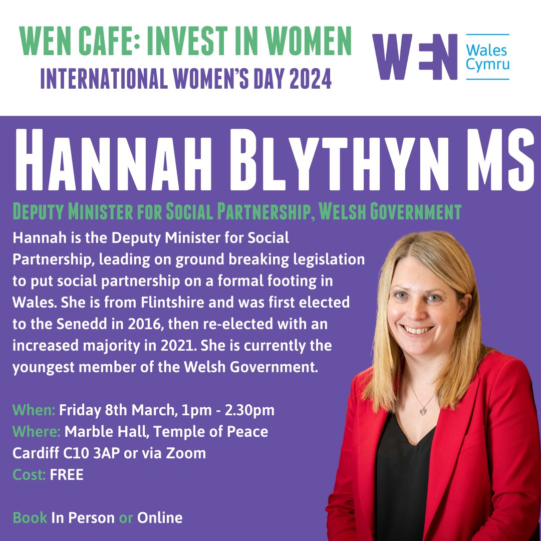 We are delighted that @hannahblythyn will be delivering the opening address at our free #IWD24 #WENCafe event. Join the Deputy Minister & our panel of fantastic speakers from 1pm on Friday 8th March at the Temple of Peace, Cardiff. Details and booking ⬇️ eventbrite.co.uk/e/838660906347…