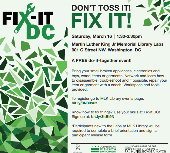 Department of Energy & Environment on X: "DON'T TOSS IT; LET'S TRY TO FIX  IT!🔧🔨 Fix-It DC Community Repair Event 🗓️Saturday, March 16 | ⏰1:30-3:30  pm Martin Luther King Jr Memorial Library