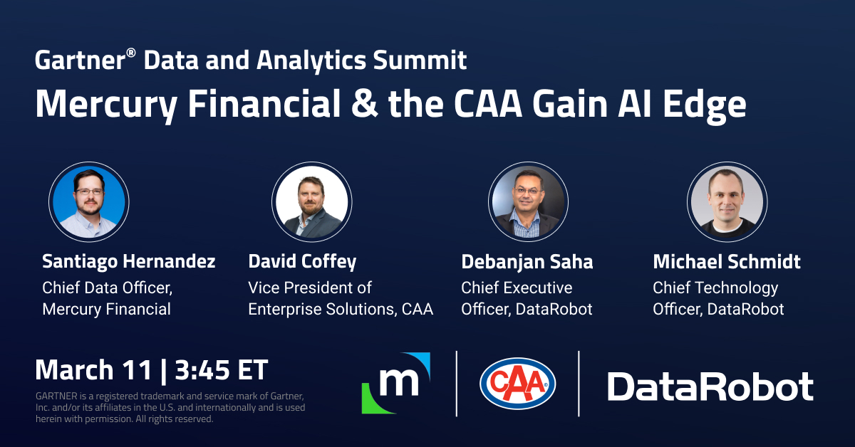 How can you build, operate, and govern #AI to maximize value for your organization?

📈Join a jam-packed session at <a href="/Gartner_inc/">Gartner</a> Data &amp; Analytics Summit with our CEO Debanjan Saha, CTO Michael Schmidt, and #AI leaders from customers
<a href="/Mercury_Fin/">Mercury® Cards</a> and <a href="/CAANEO/">CAA North & East Ontario</a>.

Don’t miss it: