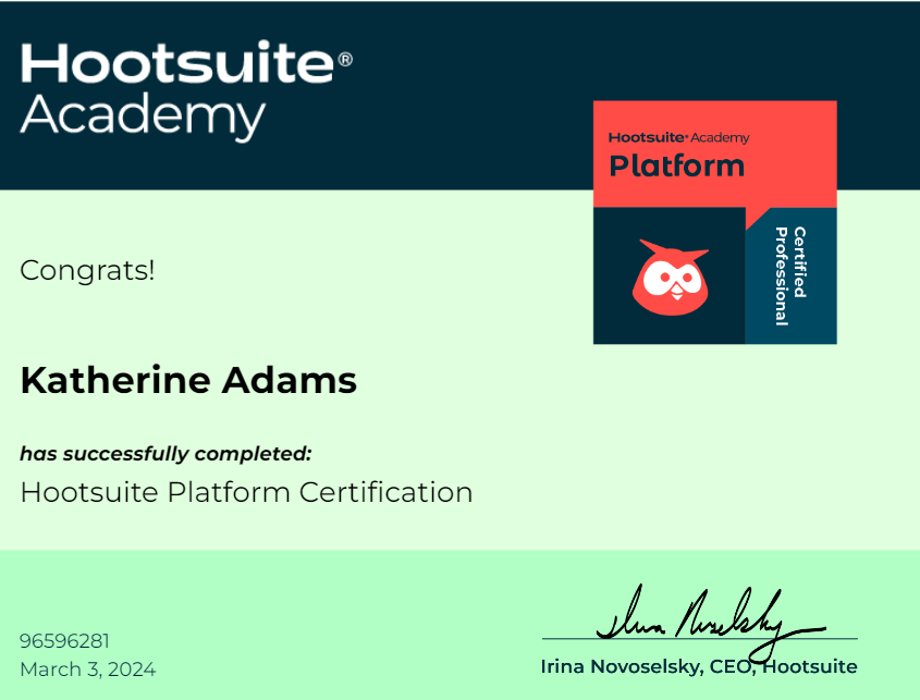 Kat_Adams55's tweet photo. I got my Hootsuite Platform Certification this weekend. Thank you Hootsuite for providing this opportunity! 
#COM309 @hootsuite https://t.co/V5Vh51FkE4