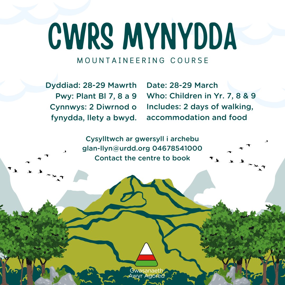 ⛰️Cwrs Mynydda | Mountaineering course 📅Mawrth 28-29 March ❓2 diwrnod o fynydda, llety a bwyd | 2 days walking, accommodation and food Cysylltwch i archebu | Contact to book glan-llyn@urdd.org 01678541000