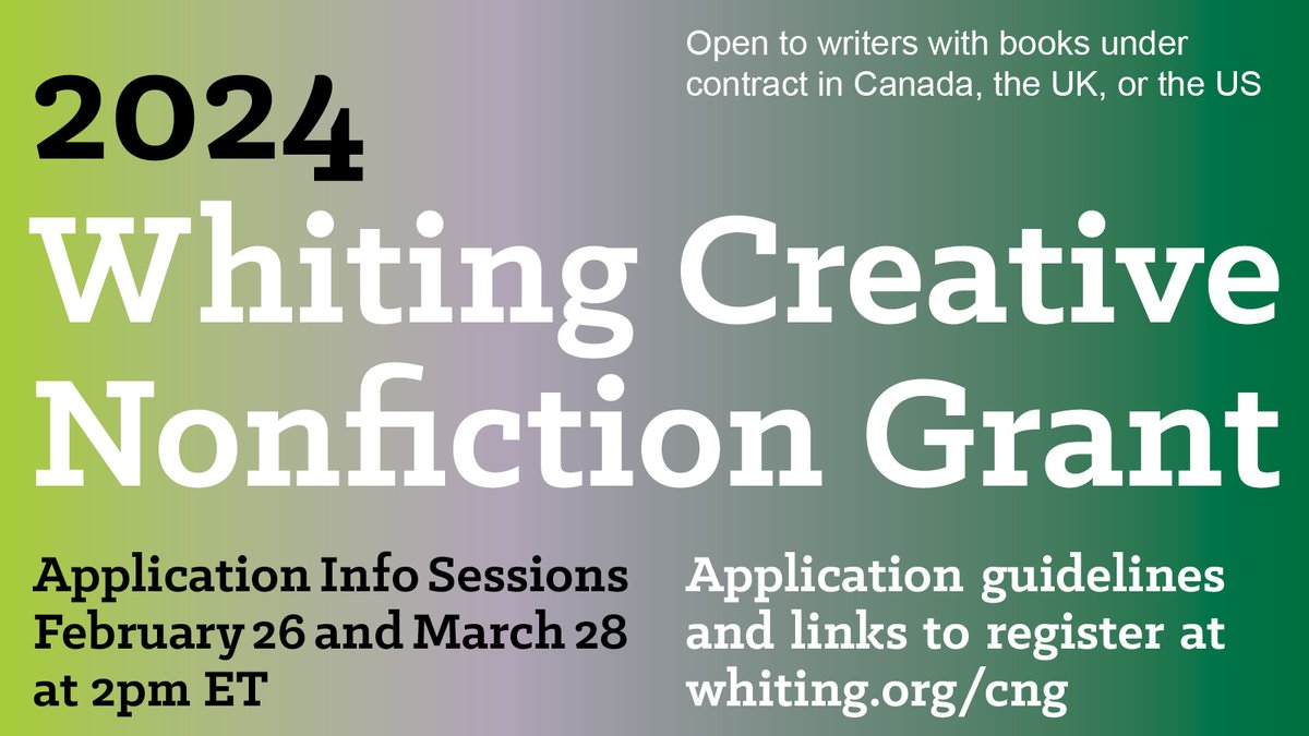 Our next 2024 Whiting Creative Nonfiction Grant info session is on March 28! 

Learn more about the grant (deadline 4/23) and ask our staff your questions. Find the registration link and more info about the application here: whiting.org/writers/creati…