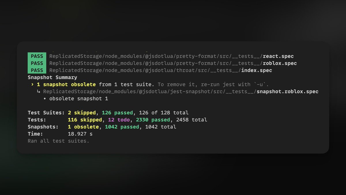 grilme99's tweet image. The first working version of Jest-Lua has been released!

This family of packages brings the whole Jest testing suite to Roblox and the wider Lua community and is a major step forward for the testing ecosystem in Lua!

github.com/jsdotlua/jest-…

#Roblox #RobloxDev #Lua