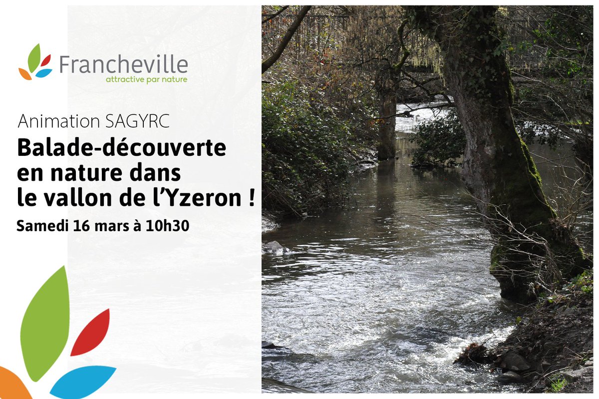 🔜 🌳 Le 16/03, à 10h30, <a href="/riviereyzeron/">Bassin de l'Yzeron</a> organise une balade-découverte en nature dans le vallon de l’Yzeron.

📍 Départ : 38 Chemin du Moulin du Gôt 69340 Francheville
🕰️ Durée : 1h30
💡 Pour tout public
📲 Inscription à prix libre : buff.ly/3SXSxSr