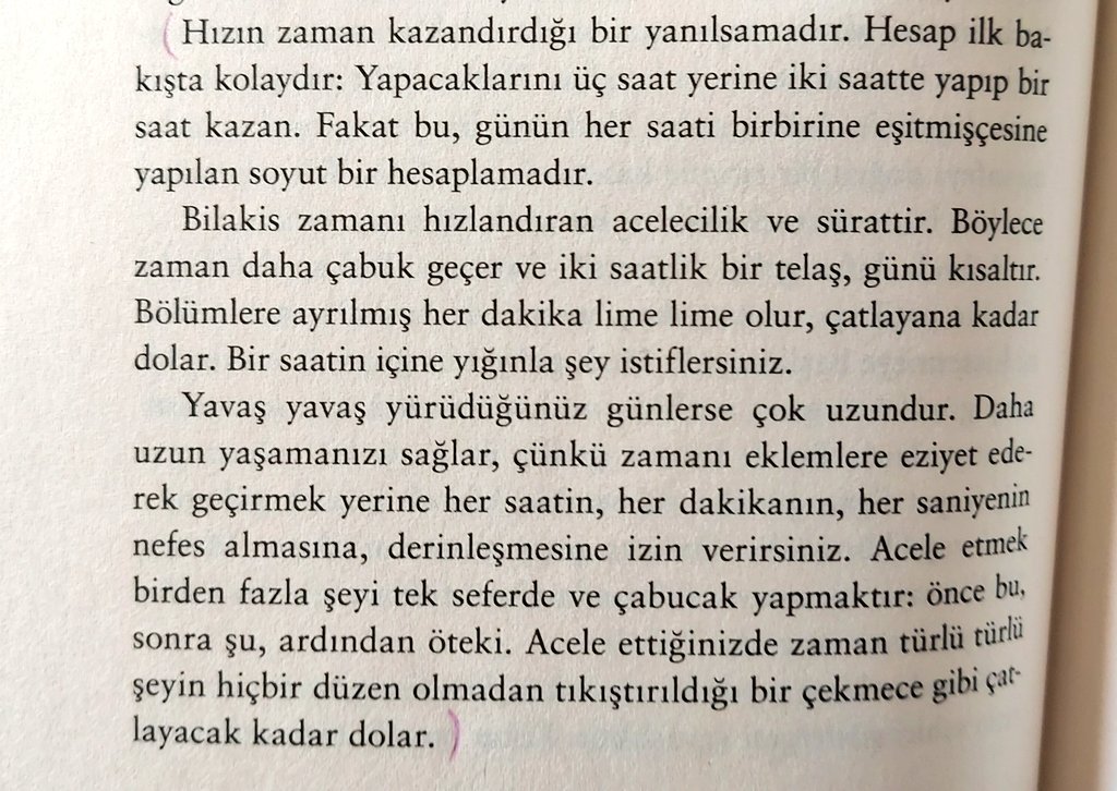 Yürümenin Felsefesi kitabında geçen, çok sevdiğim bir bölüm.

"...Bilakis zamanı hızlandıran acelecilik ve sürattir. Böylece zaman daha çabuk geçer ve 2 saatlik bir telaş, günü kısaltır..."