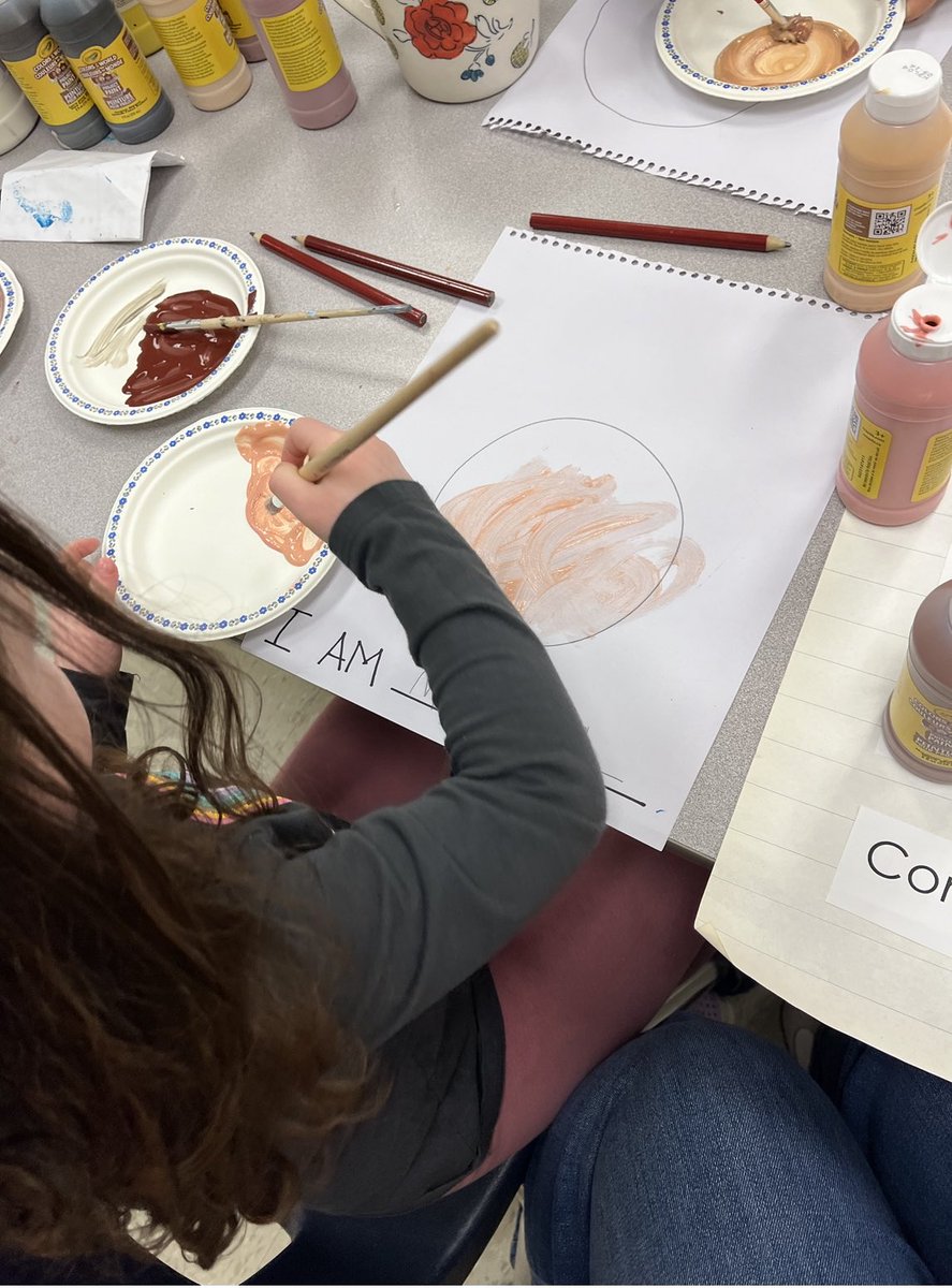 msbhatcher's tweet photo. After a lesson on affirmations we created self-portraits and chose an affirming word to describe ourselves. We made self portraits and mixed the “just right” shade for our beautiful skin using @crayola #colorsoftheworld paints. https://t.co/DasCEmna0q