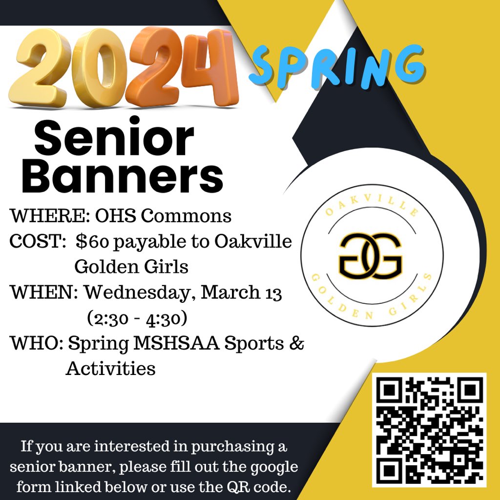 Becky Czuppon, OHS A.D. (@bczuppon) on Twitter photo SENIOR BANNERS / SPRING SPORTS
Wednesday, March 13 - 2:30 to 4:30
In the Commons
Ā
Spring Sports Pictures
March 11, 12 & 13
Your coach knows your schedule.
<a href="/OHS_Tigers/">Oakville High School</a> SENIOR BANNERS / SPRING SPORTS
Wednesday, March 13 - 2:30 to 4:30
In the Commons
Ā
Spring Sports Pictures
March 11, 12 & 13
Your coach knows your schedule.
<a href="/OHS_Tigers/">Oakville High School</a>