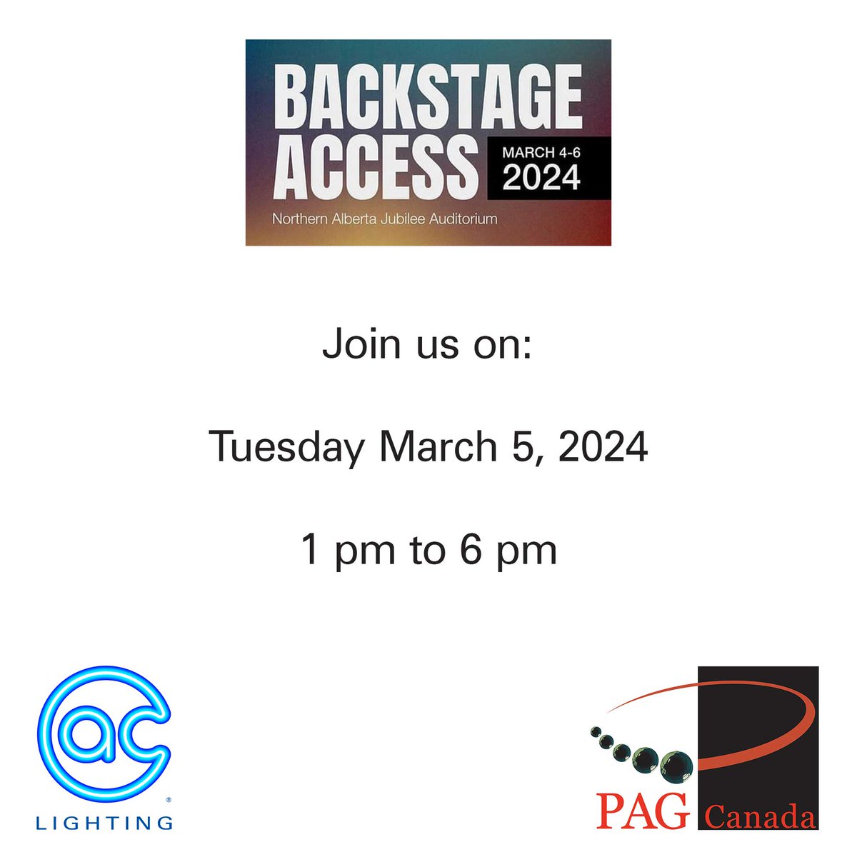 Join @PAGCanada1 #BackstageAccess tomorrow from 1 pm to 5 pm #NorthernAlbertaJubileeAudutorium

Stop by to see:
@chromaqlighting 2inspire
@PROLIGHTS_media AstraHybrid330, EclFresnel CT+, EclPar IPMFC
@luminex_network GigaCore Series

Learn More: hubs.la/Q02n0lCx0