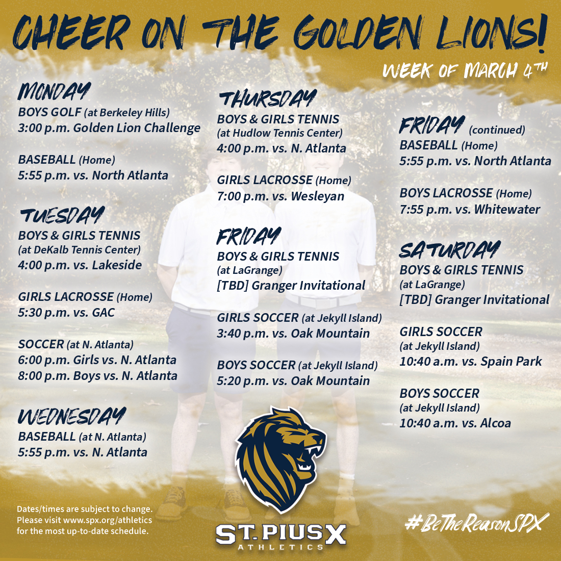 St. Pius X Athletics (@spxgoldenlions) on Twitter photo GO LIONS! #bethereasonspx 
⛳️⚾️🎾🥍⚽️
spx.org/athletics/ GO LIONS! #bethereasonspx 
⛳️⚾️🎾🥍⚽️
spx.org/athletics/