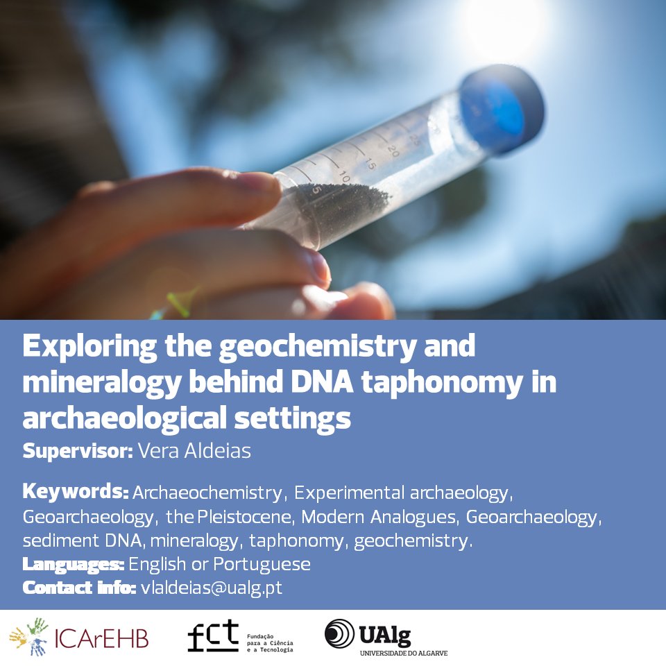 Vera Aldeias available to supervise 'Exploring the geochemistry and mineralogy behind DNA taphonomy in archaeological settings' in 2024 FCT PhD Fellowships program. Hussein Kanbar to co-supervise. 
More info bit.ly/42Gi1bI 
#FCTPhDFellowships #ICArEHB