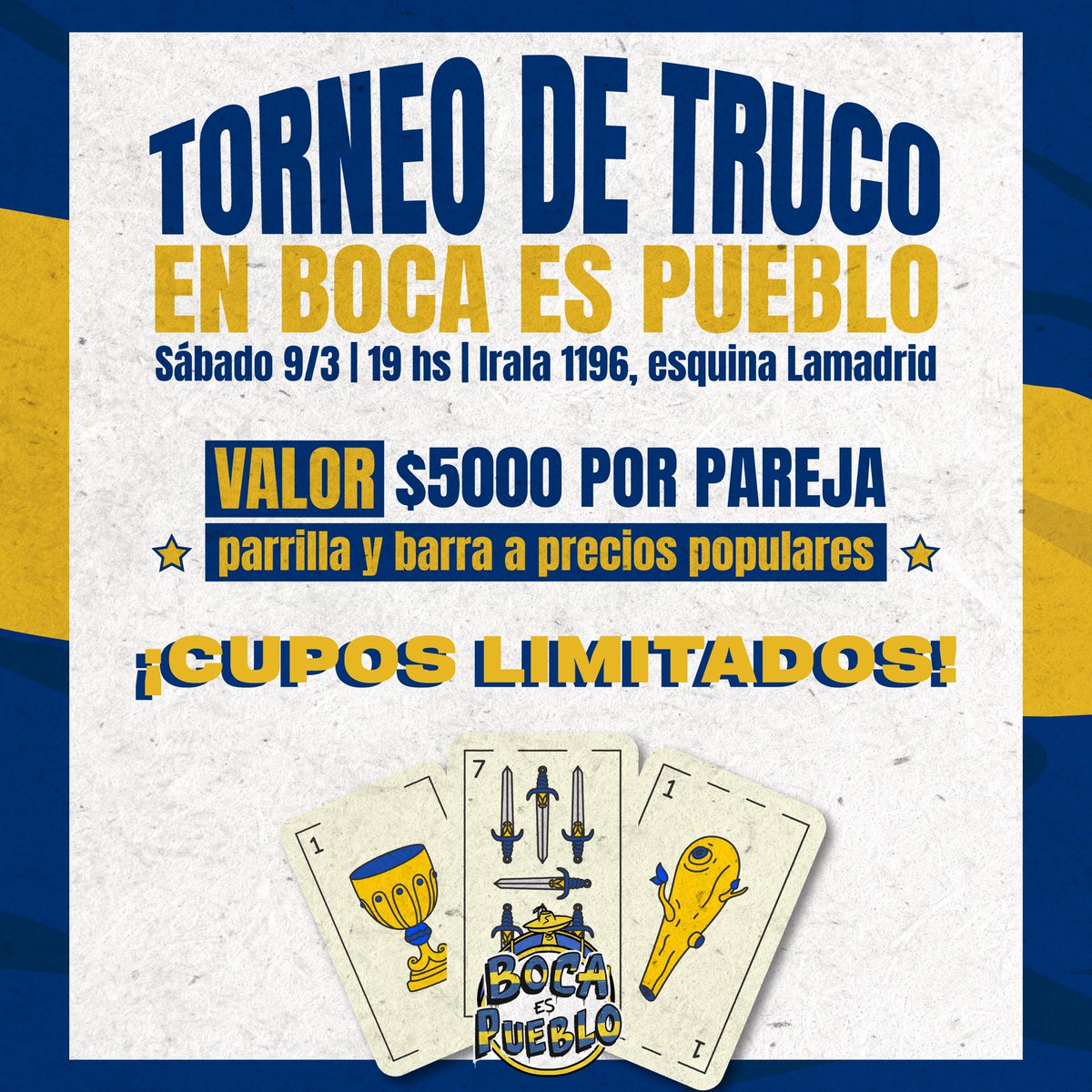TORNEO DE TRUCO

El próximo sábado haremos el primer torneo de truco del año. Habrá premios en efectivo, barra y comida a precios populares.

El dinero recaudado será destinado a la compra de alimentos para realizar la olla popular para nuestros vecinos y vecinas del barrio de La