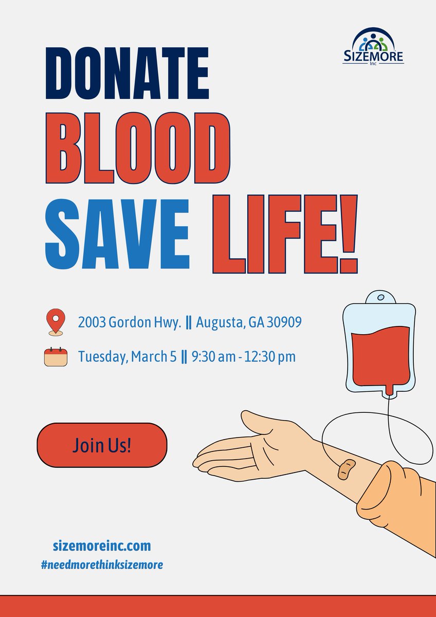Join Us On Tuesday, March 5 at Sizemore Headquarters on Gordon Highway! #sizemore #sizemoreinc #sizemorejobs #needmorethinksizemore #security #staffing #janitorial #donate #donateblood #blooddrive
