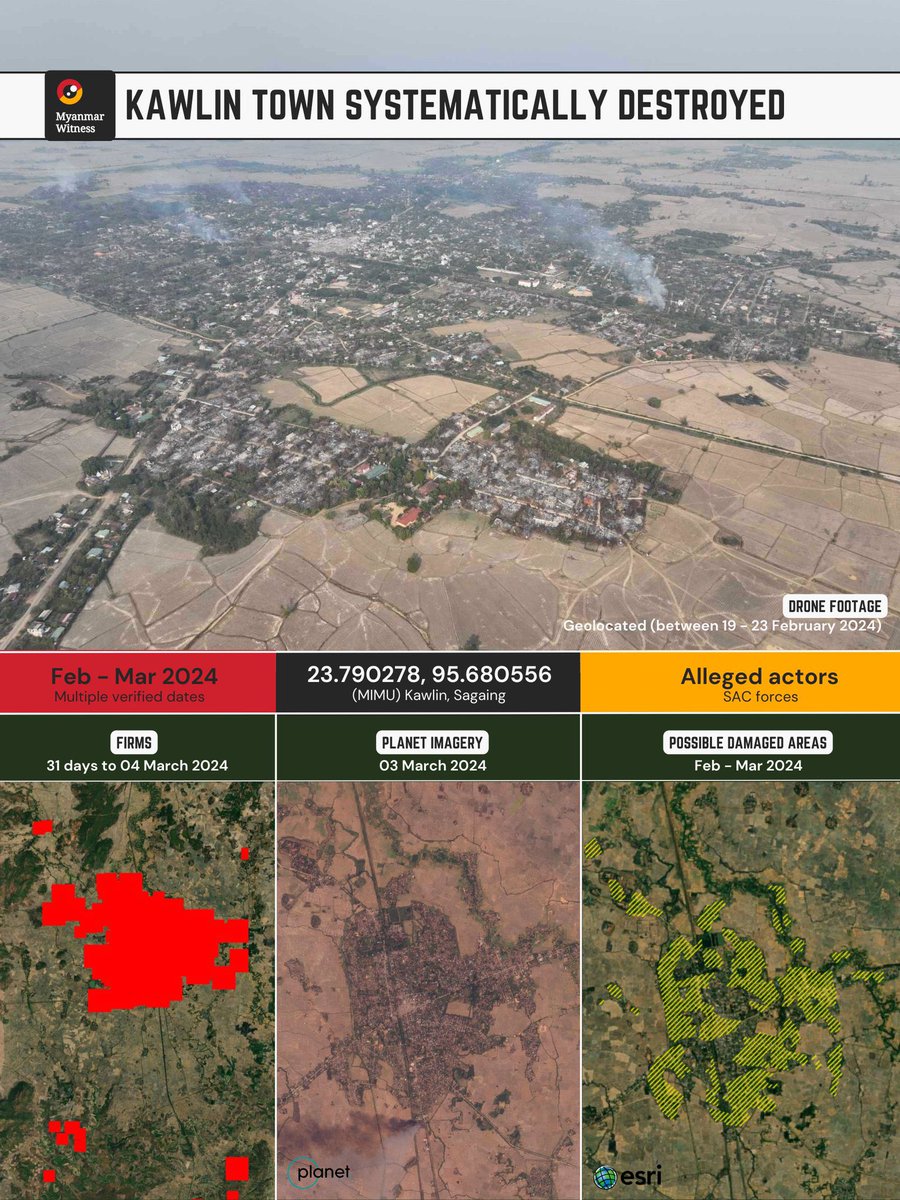 A whole town destroyed by Myanmar’s junta forces in a war of fire. This new research by @MyanmarWitness shows how blazes were set across Kawlin in Sagaing. #WhatsHappeningInMyanmar