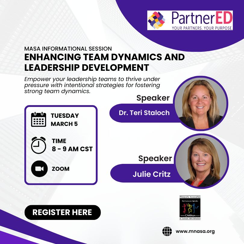 Join us tomorrow! MASA Informational Session: Enhancing Team Dynamics and Leadership Development | 8 - 9 am via Zoom! Full information here: buff.ly/3ImXWhb #mnMASA #leadership #superintendents #suptchat