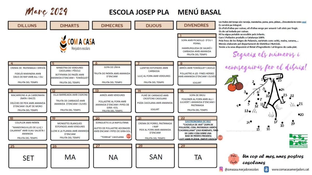PlaAmpa's tweet image. MENÚ DE MARÇ
Celebrem la Setmana Santa i @menjador_pla fa honor a la gastronomia xilena amb àpats típics del país més llarg del planeta. 🇨🇱
 🍽️"Cazuela de ave"
🍳"Chorrillana"
🥛LLet amb plàtan 🍌
#cuinatradicional #Internacional #menjarsaludable #menjadorescolar