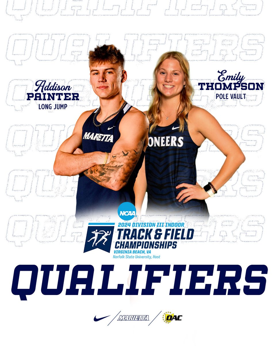 MariettaPioneer's tweet photo. 🚨🏃‍♀️🚨🏃‍♂️🚨🏃‍♀️

Congratulations to Addison Painter and Emily Thompson for qualifying to compete in the NCAA Indoor Track Championship this Friday. Painter will compete in the long jump and Thompson in pole vault. #PioNation #BringForthAPioneer #d3tf https://t.co/KQxJeUIa9N