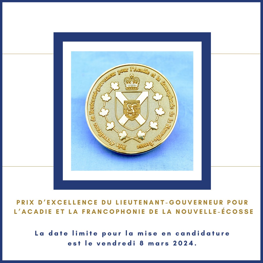 Les candidatures sont maintenant acceptées pour le Prix d’excellence du lieutenant-gouverneur pour l’Acadie et la francophonie. La date limite pour soumettre les candidatures est le 8 mars. acadien.novascotia.ca/fr/prix-du-lie… @OAAF_NE @faneacadie #novascotia