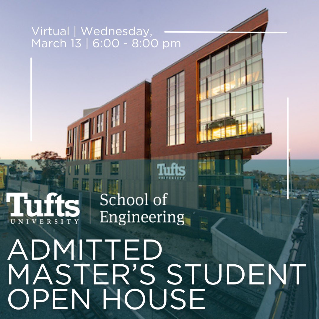 🐘 Admitted master’s students in @TuftsEngineer are invited to join us next week for a virtual #openhouse. Register to join us: gradase.admissions.tufts.edu/register/SOE_M… 

#tufts #gradstudent #graduatestudent #engineer #admit #gradschool #masters #graduateschool #registernow