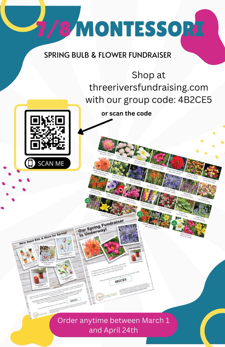 7/8 Montessori Fundraiser! Get your bulbs, seed kits, terracotta vases, and more! All while supporting a great group of students!
Shop at threeriversfundraising.com, group code 4B2CE5
#montessori
<a href="/Clairekenken/">Claire A</a> <a href="/mps_russell/">Russell Middle</a>