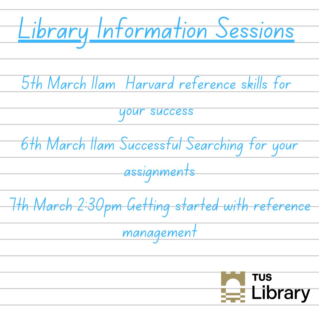 This week we have sessions on searching, Harvard referencing, and reference management. Starting Tomorrow at 11am with a Harvard Referencing sessions followed Wednesday by Successful searching and Thursday with Reference Management. Go to library website to book your place.